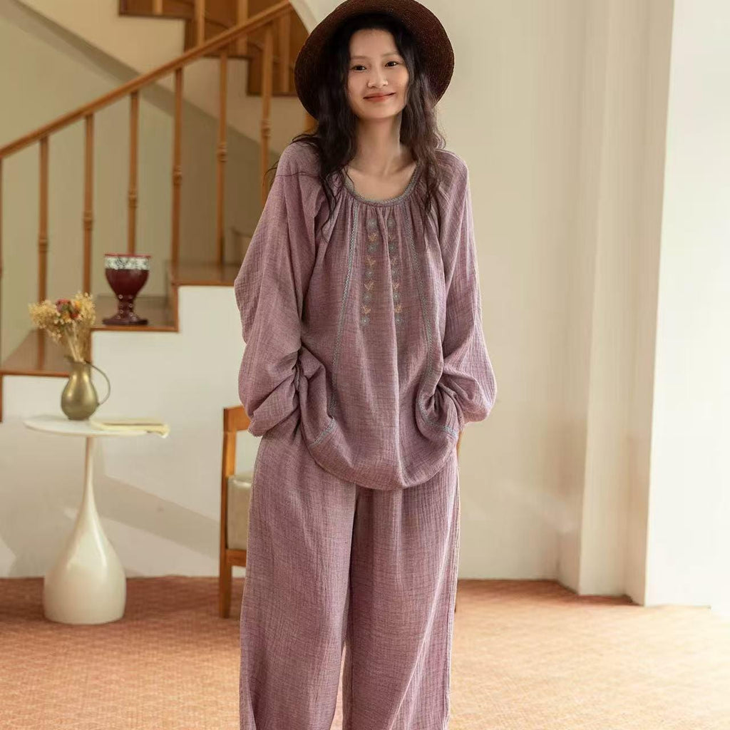 Embroidered Double Layer Gauze Cotton Loungewear Set: Purple Pajamas or Dress Gown