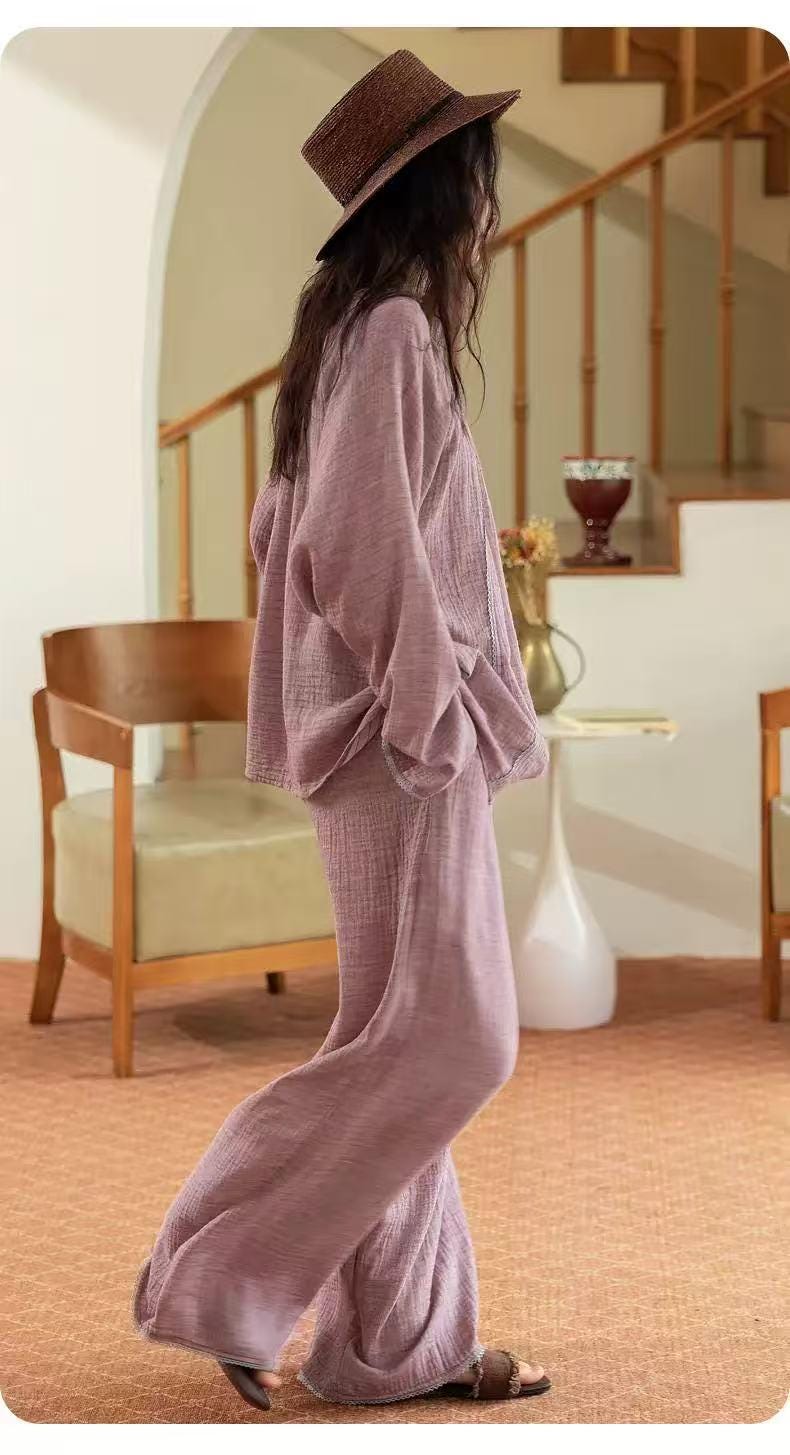 Embroidered Double Layer Gauze Cotton Loungewear Set: Purple Pajamas or Dress Gown