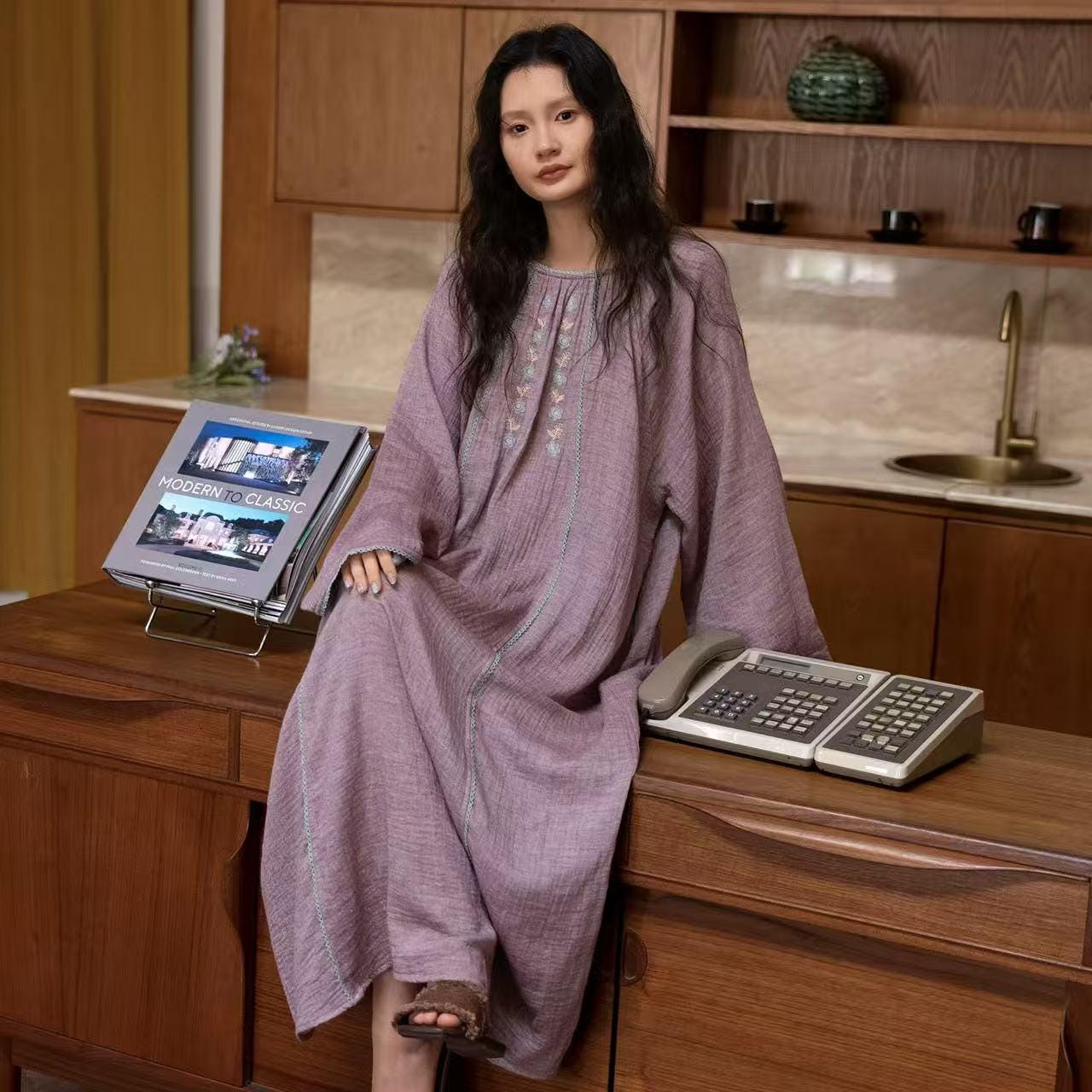 Embroidered Double Layer Gauze Cotton Loungewear Set: Purple Pajamas or Dress Gown