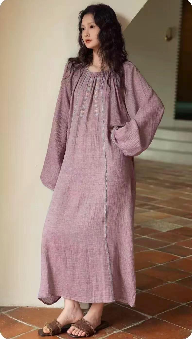 Embroidered Double Layer Gauze Cotton Loungewear Set: Purple Pajamas or Dress Gown