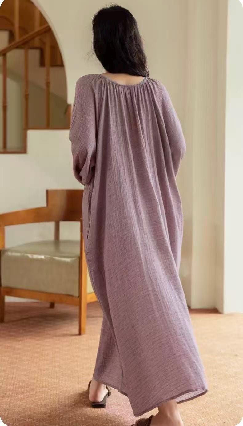 Embroidered Double Layer Gauze Cotton Loungewear Set: Purple Pajamas or Dress Gown