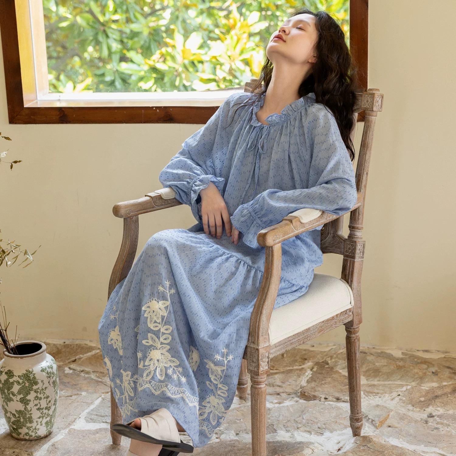 Embroidered Gauze Cotton Loungewear Set or Dress: Relaxed Fit Sleepwear