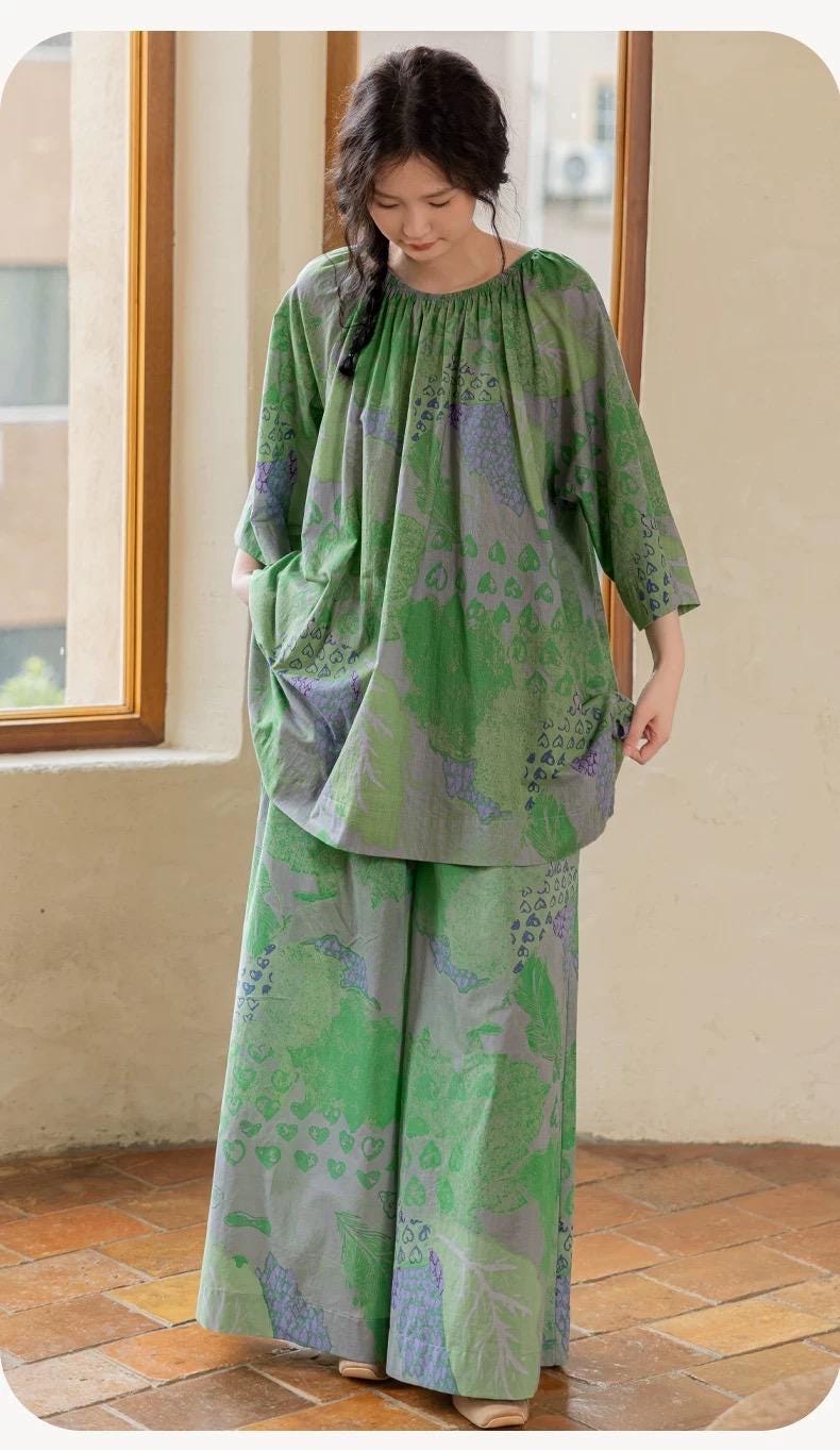 Bamboo Cotton Loungewear Set: Green Botanical Print, Oversized Fit