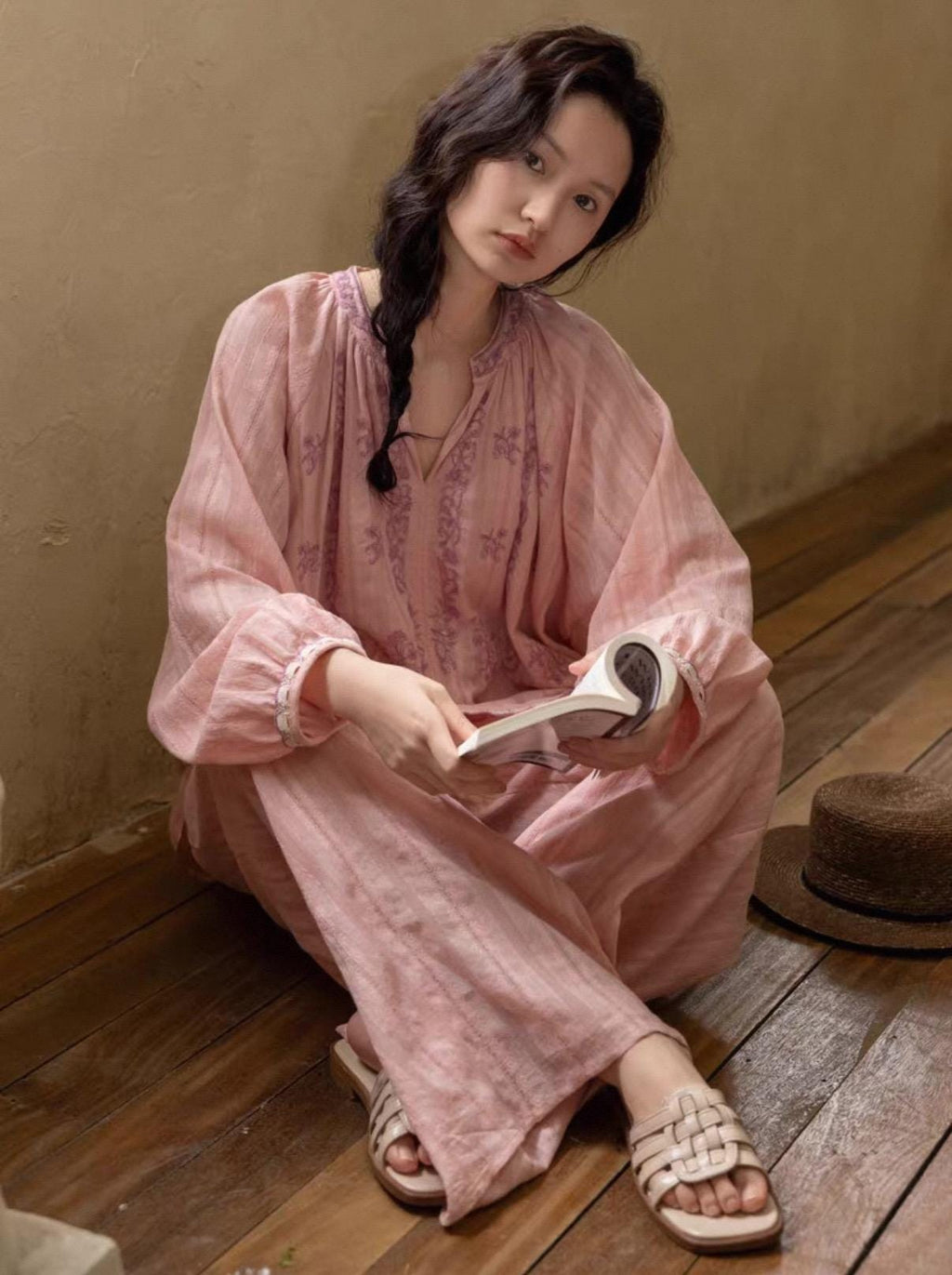 Pink Bamboo Cotton Pyjamas – Embroidered Dress or Two-Piece Pants Loungewear