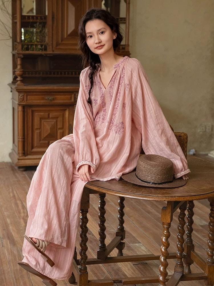 Pink Bamboo Cotton Pyjamas – Embroidered Dress or Two-Piece Pants Loungewear