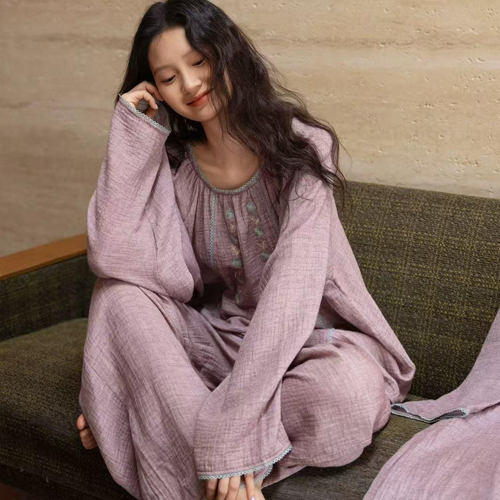 Embroidered Double Layer Gauze Cotton Loungewear Set: Purple Pajamas or Dress Gown