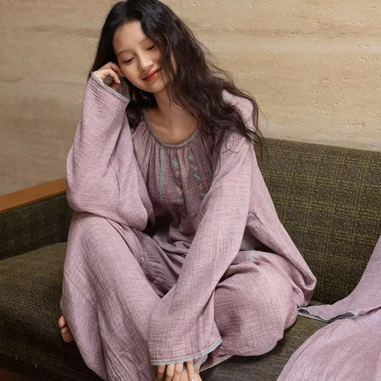 Embroidered Double Layer Gauze Cotton Loungewear Set: Purple Pajamas or Dress Gown