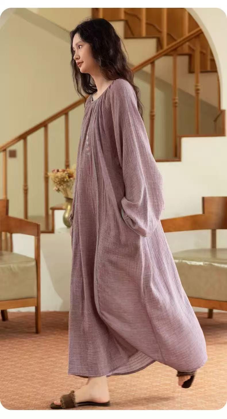 Embroidered Double Layer Gauze Cotton Loungewear Set: Purple Pajamas or Dress Gown