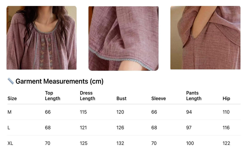 Embroidered Double Layer Gauze Cotton Loungewear Set: Purple Pajamas or Dress Gown