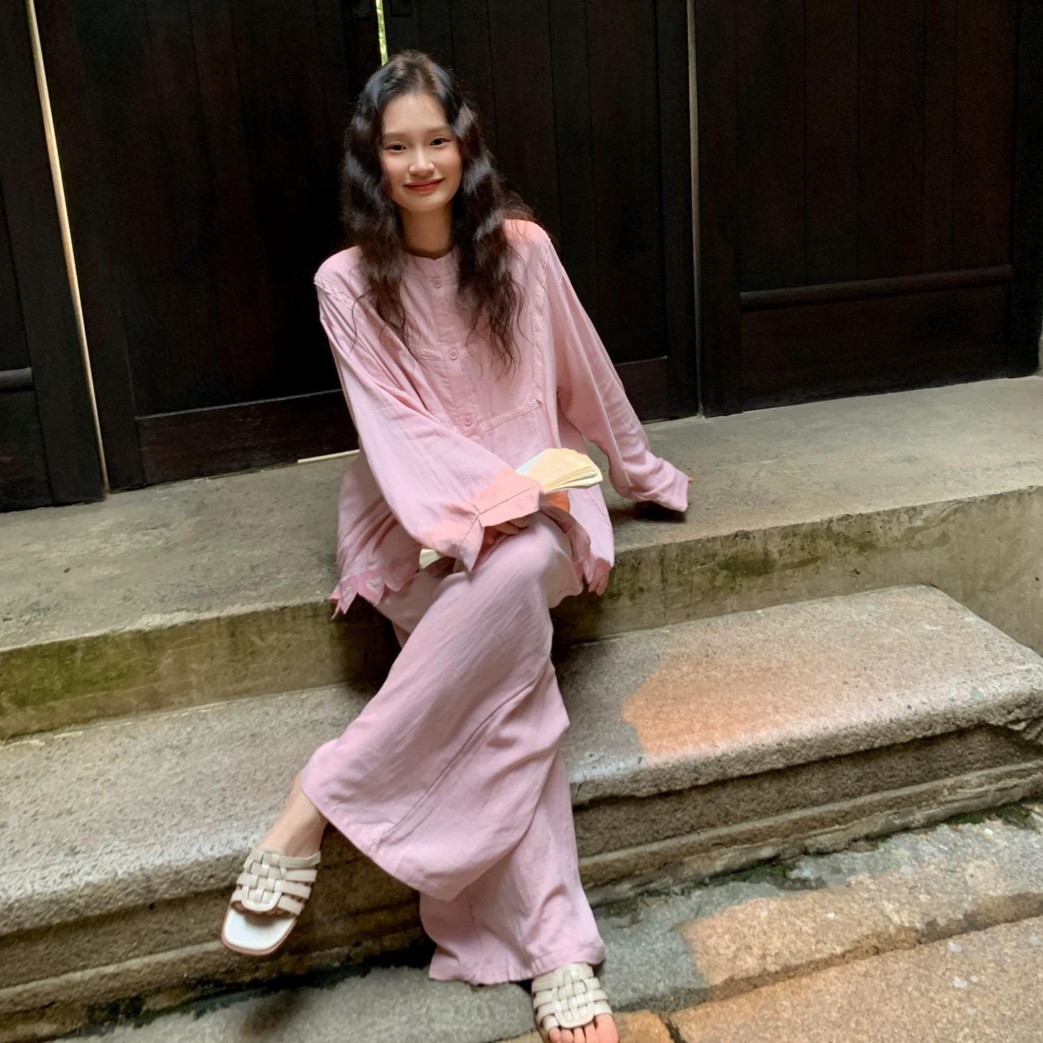 Pink Embroidered Heart Cotton Sleepwear Set - Bamboo Fibre and Natural Cotton Pajamas - Gift Ready