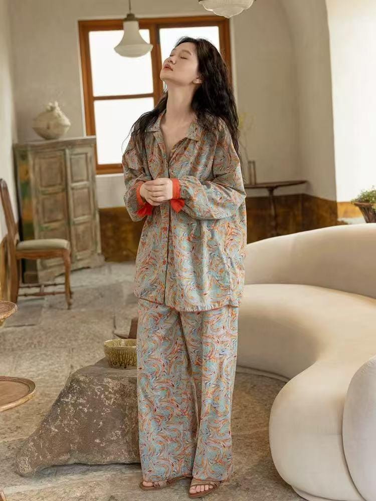 Bamboo Cotton Pajama Set: Lightweight Button-Up Loungewear, Kimono Style Robe, Long Sleeves Pyjamas