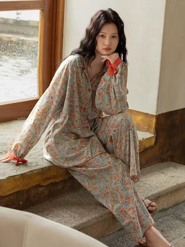 Bamboo Cotton Pajama Set: Lightweight Button-Up Loungewear, Kimono Style Robe, Long Sleeves Pyjamas