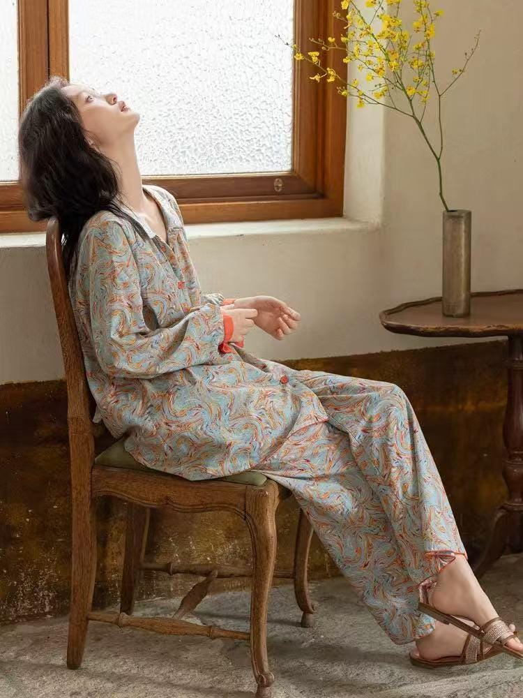 Bamboo Cotton Pajama Set: Lightweight Button-Up Loungewear, Kimono Style Robe, Long Sleeves Pyjamas
