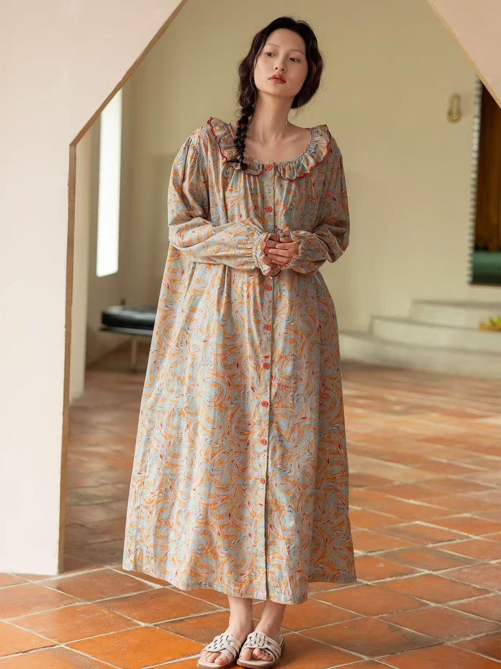 Bamboo Cotton Pajama Set: Lightweight Button-Up Loungewear, Kimono Style Robe, Long Sleeves Pyjamas