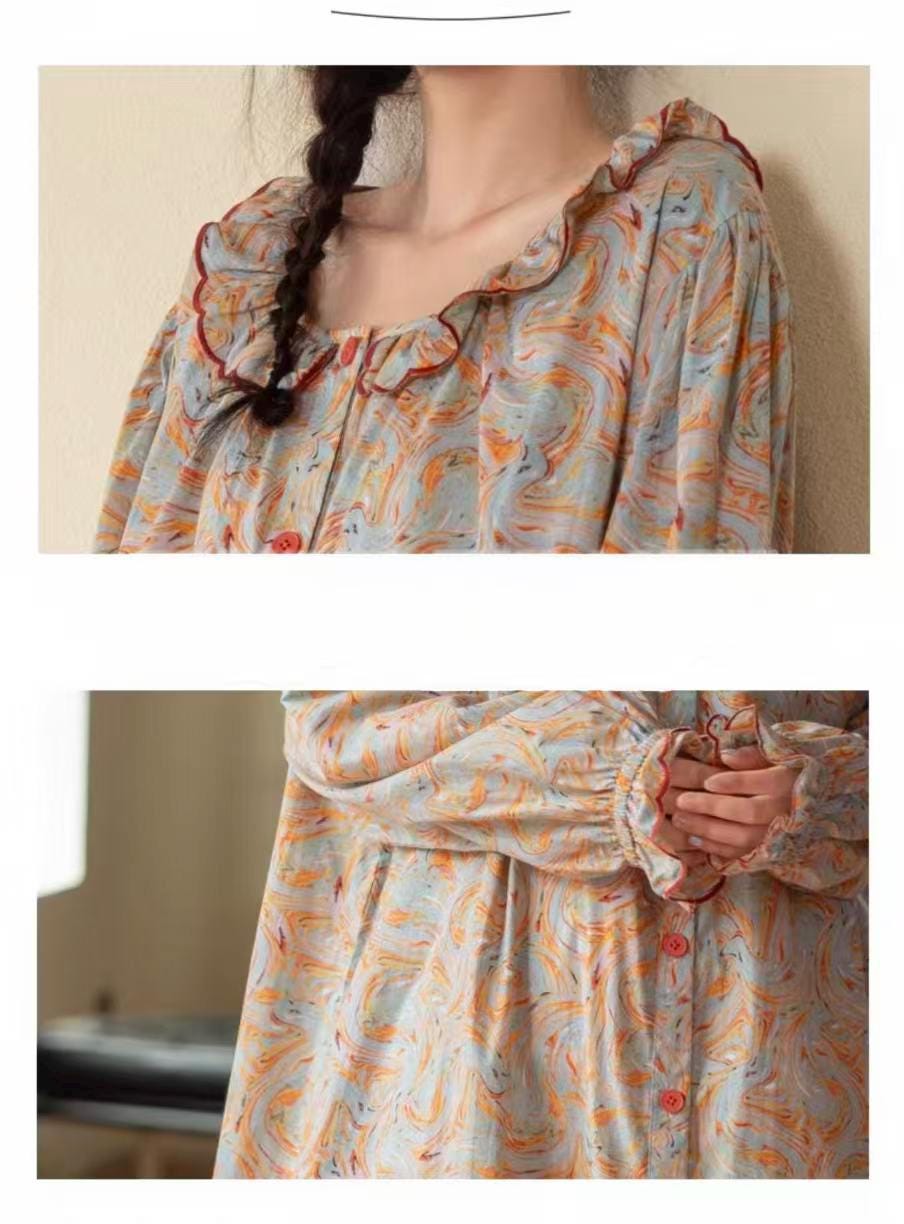 Bamboo Cotton Pajama Set: Lightweight Button-Up Loungewear, Kimono Style Robe, Long Sleeves Pyjamas