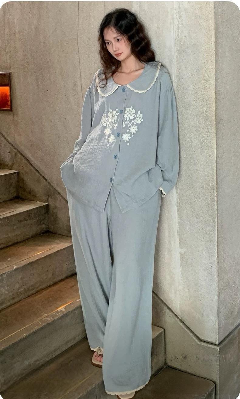 Embroidered Double Gauze Cotton Pajama Set - Lightweight Sleepwear