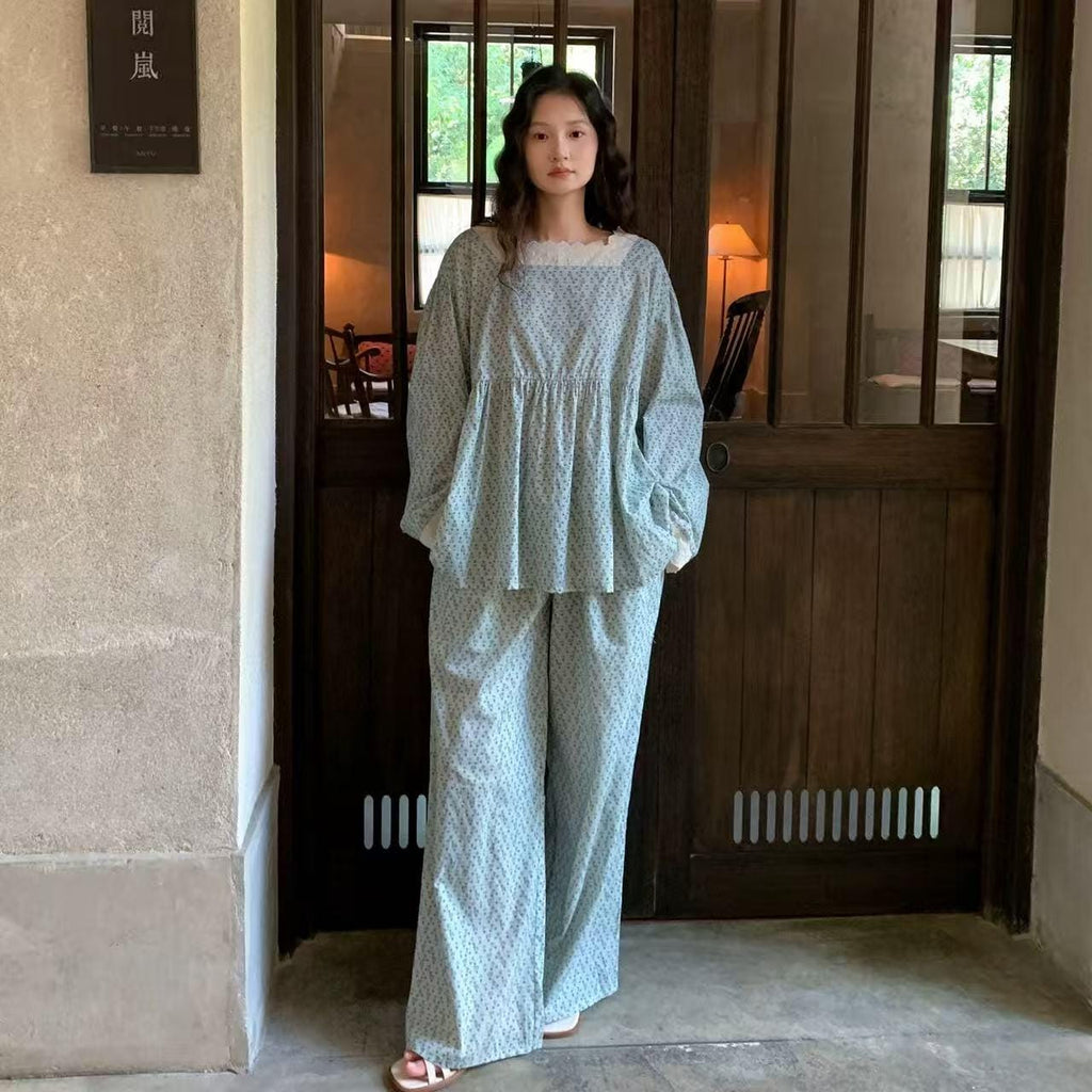 Floral Bamboo Cotton Loungewear Set: Vintage Lace Trim Pajamas