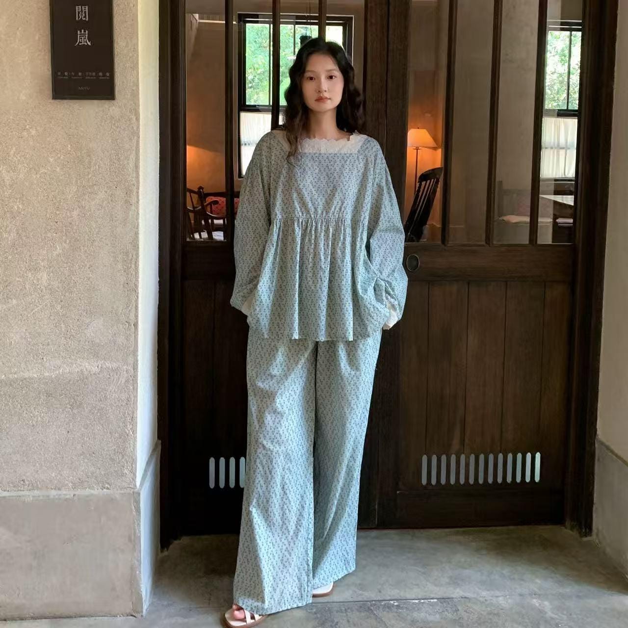 Floral Bamboo Cotton Loungewear Set: Vintage Lace Trim Pajamas