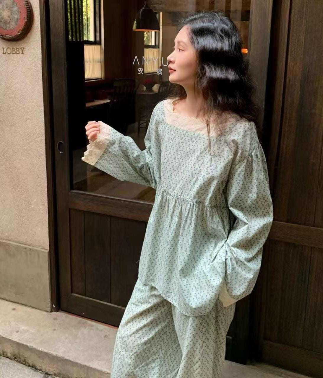 Floral Bamboo Cotton Loungewear Set: Vintage Lace Trim Pajamas