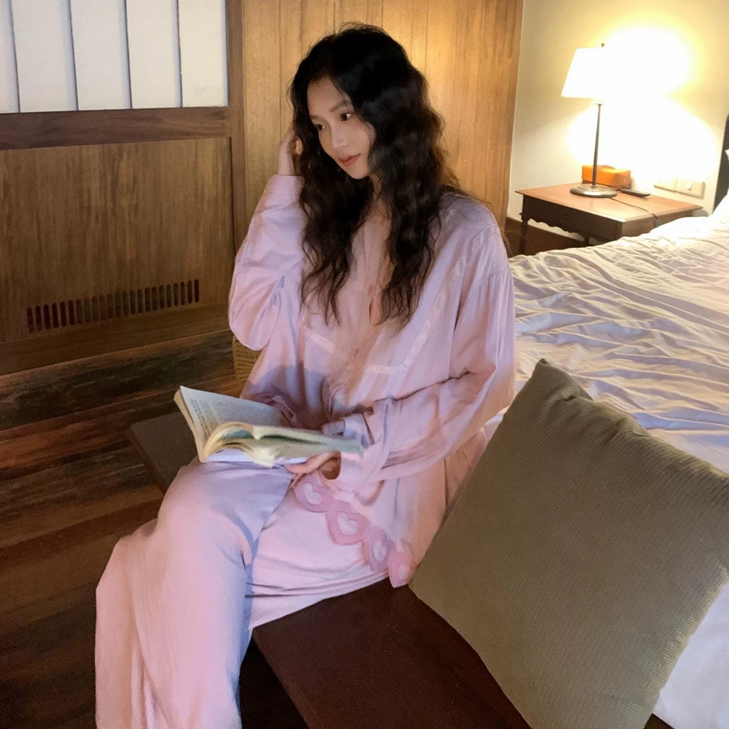 Pink Embroidered Heart Cotton Sleepwear Set - Bamboo Fibre and Natural Cotton Pajamas - Gift Ready