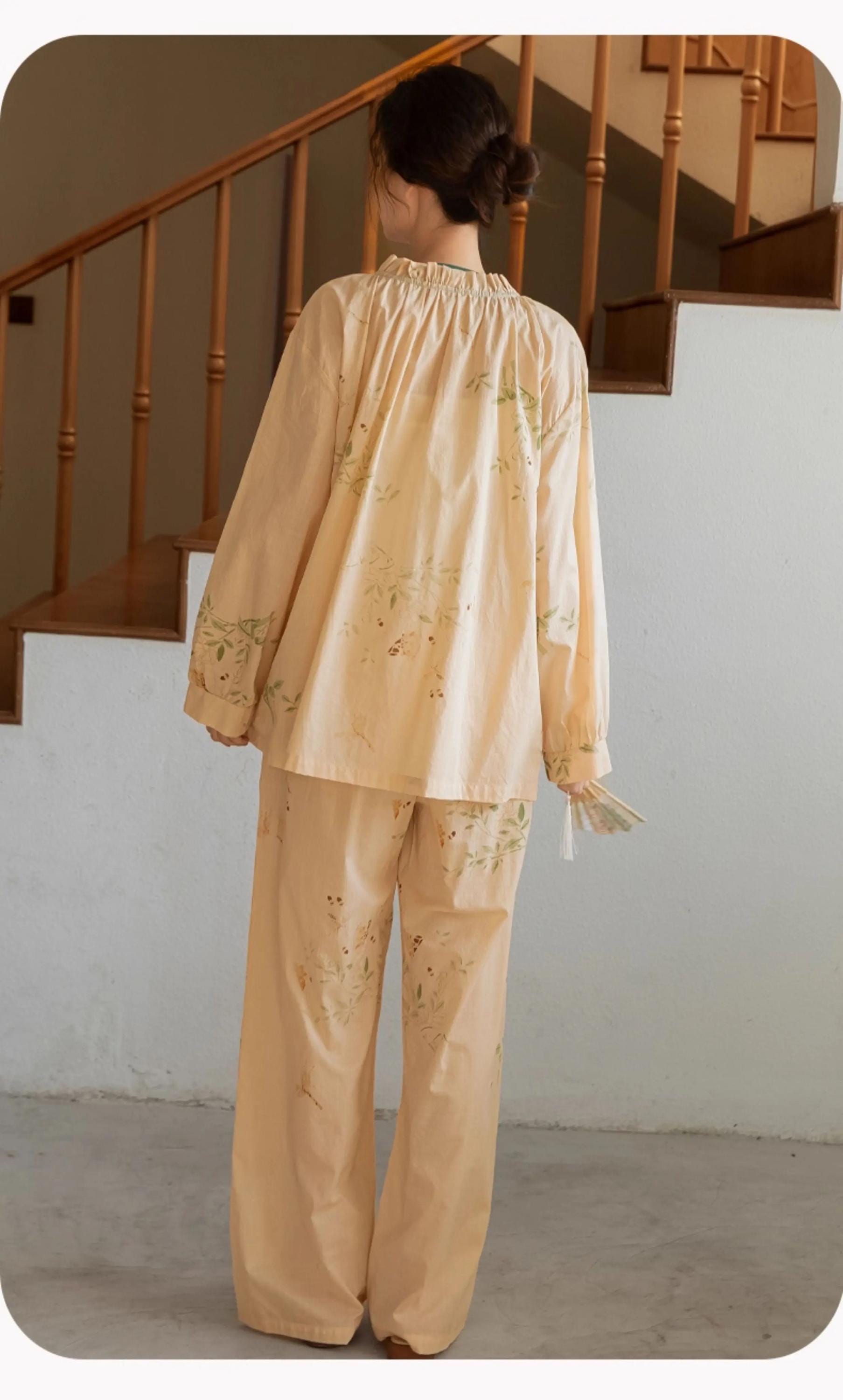 Embroidered Bamboo Cotton Robe: Lightweight Loungewear, Kimono Style Bathrobe