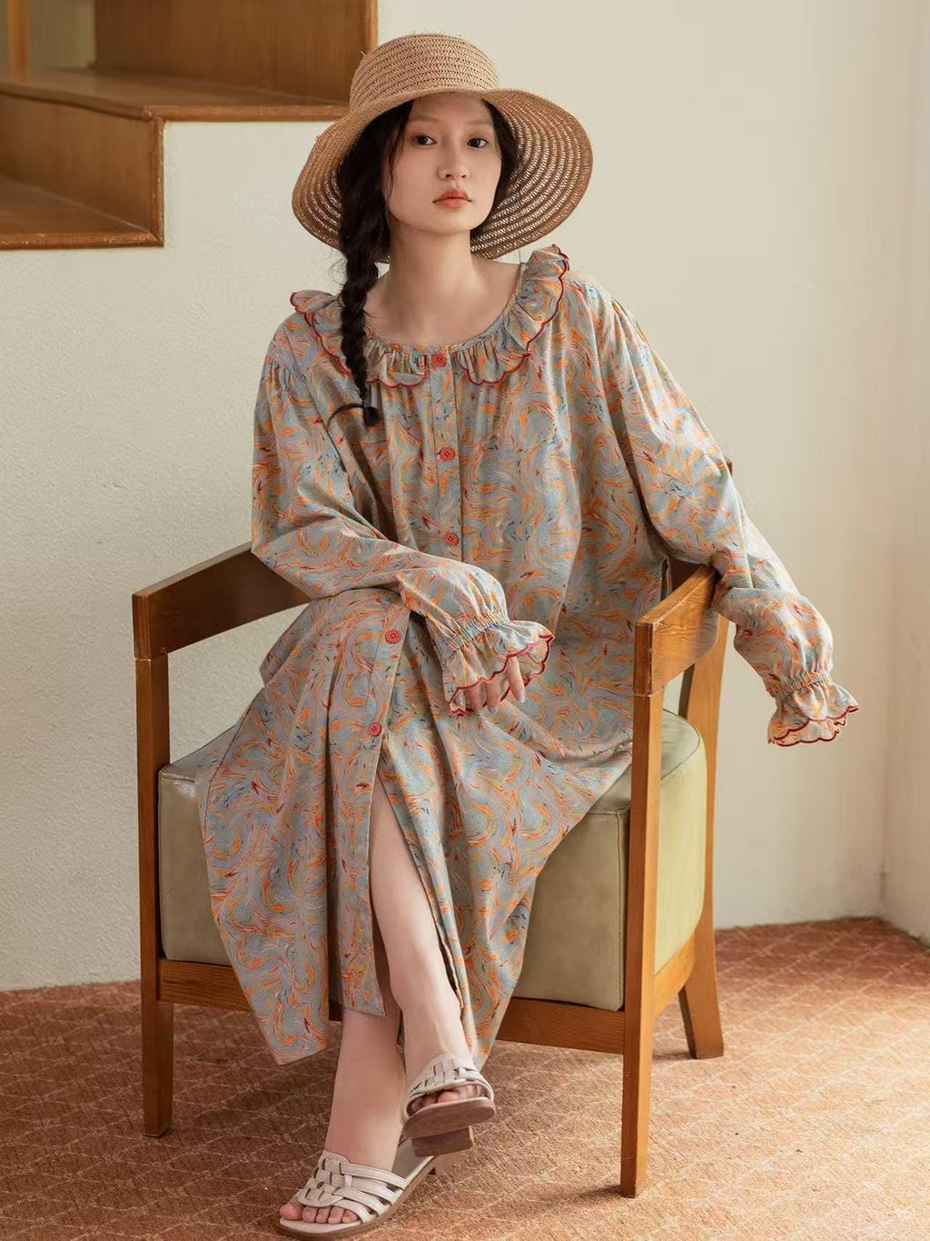 Bamboo Cotton Pajama Set: Lightweight Button-Up Loungewear, Kimono Style Robe, Long Sleeves Pyjamas
