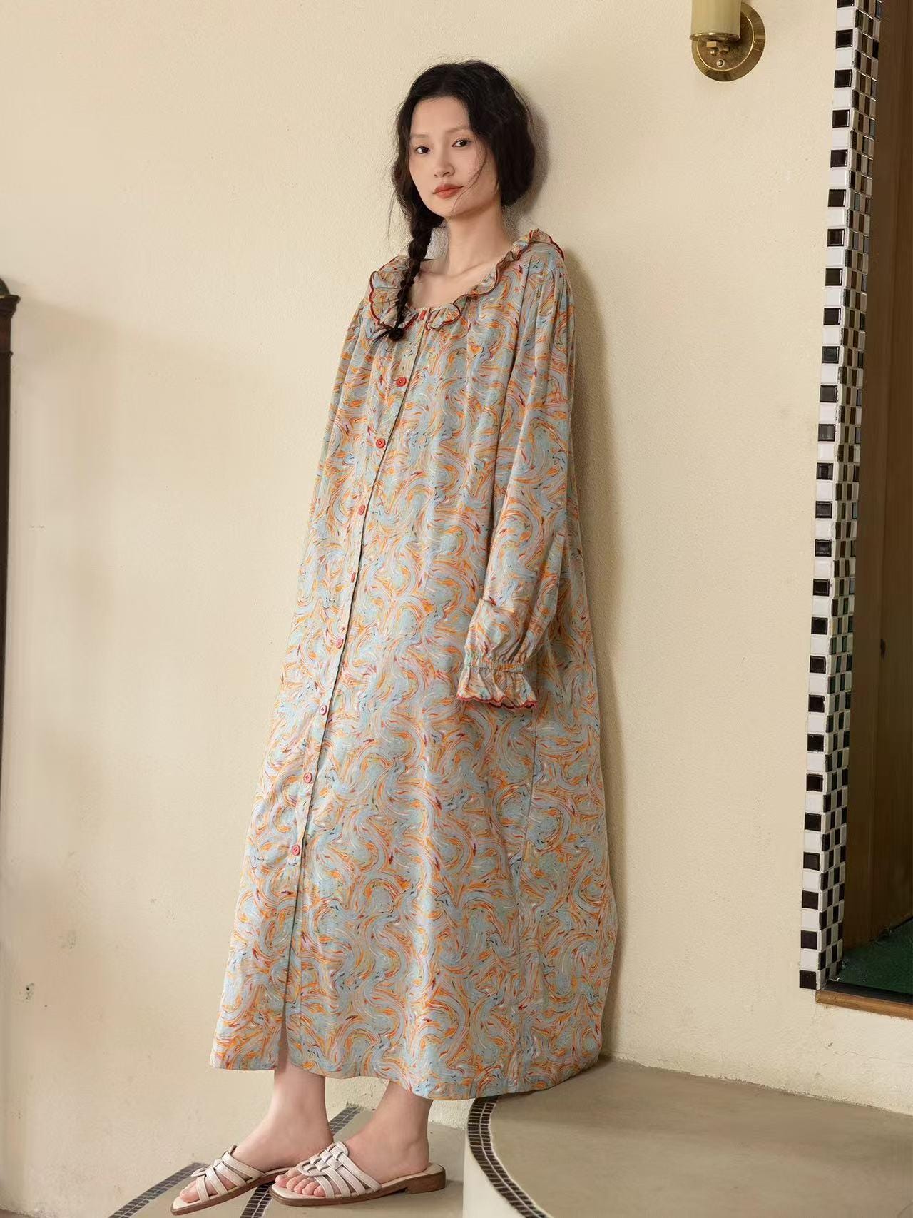 Bamboo Cotton Pajama Set: Lightweight Button-Up Loungewear, Kimono Style Robe, Long Sleeves Pyjamas