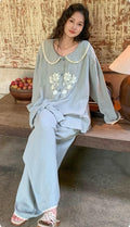 Embroidered Double Gauze Cotton Pajama Set - Lightweight Sleepwear
