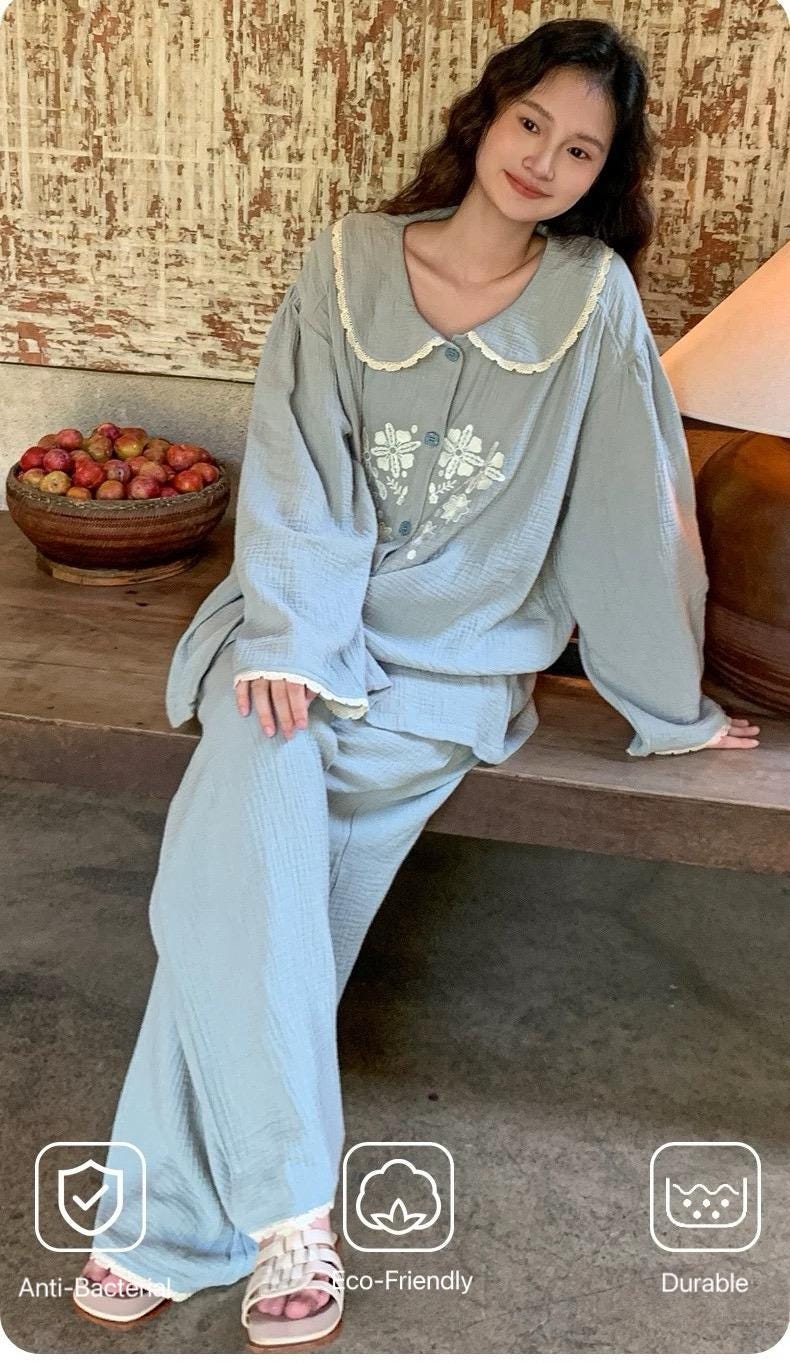 Embroidered Double Gauze Cotton Pajama Set - Lightweight Sleepwear
