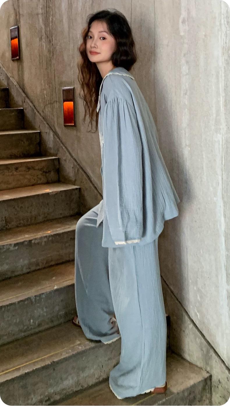 Embroidered Double Gauze Cotton Pajama Set - Lightweight Sleepwear