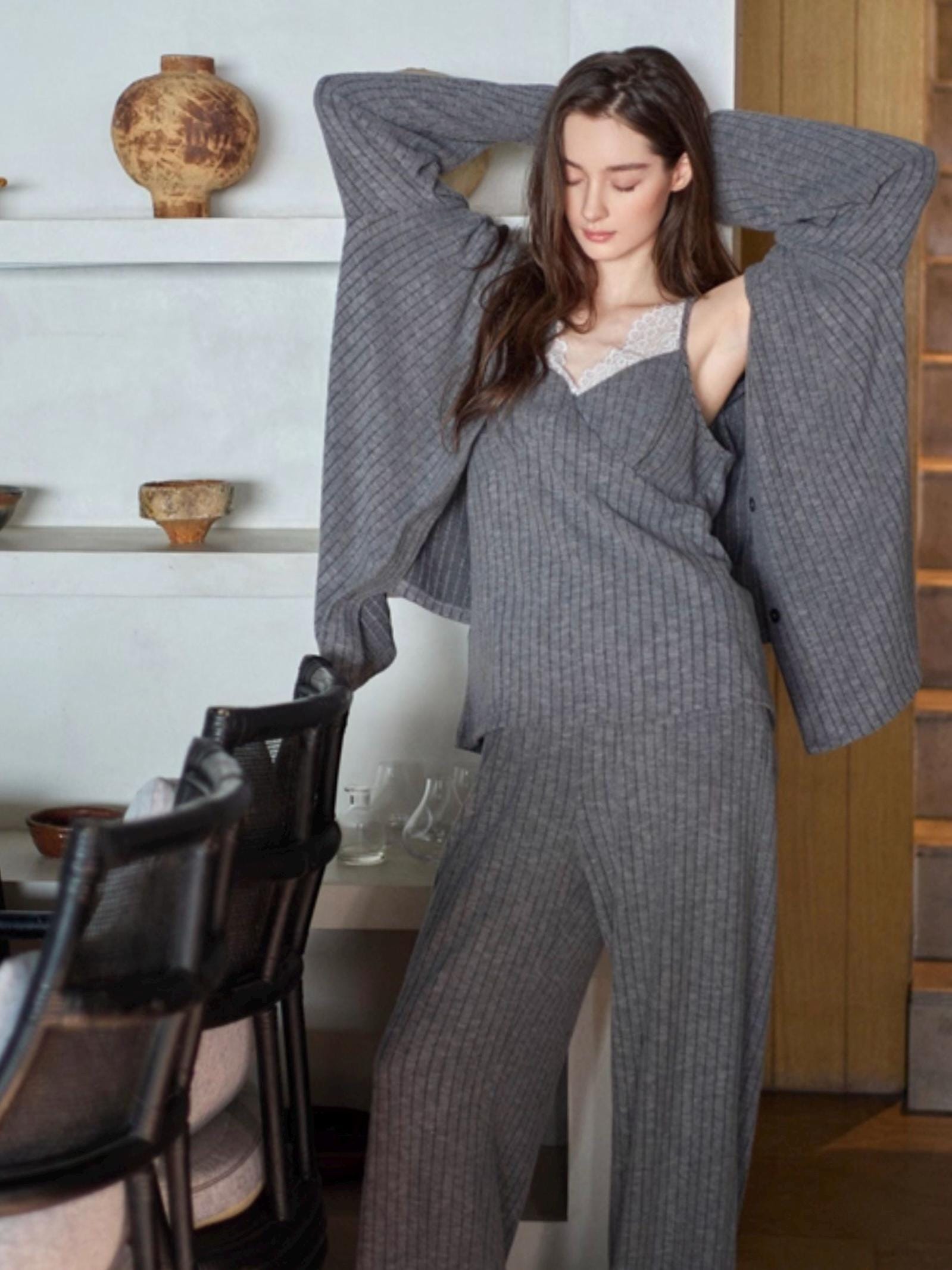Ribbed Knit Lounge Set: Heather Grey Lace Camisole Cardigan & Pants