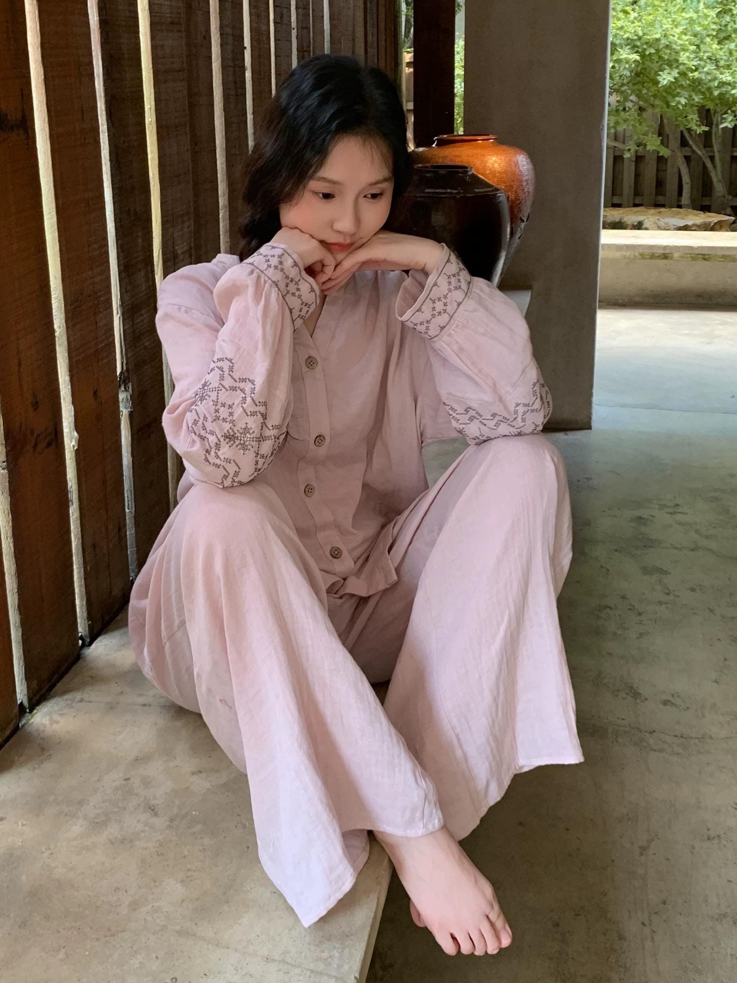 Muslin Cotton Pajama Set | Embroidered Sleeve, Gauze Loungewear