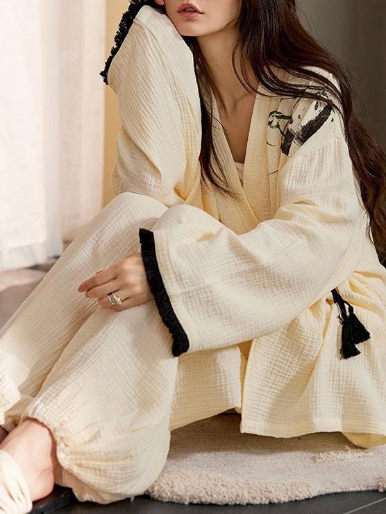 Bamboo Embroidered Gauze Cotton Pajama Set - Kimono Loungewear
