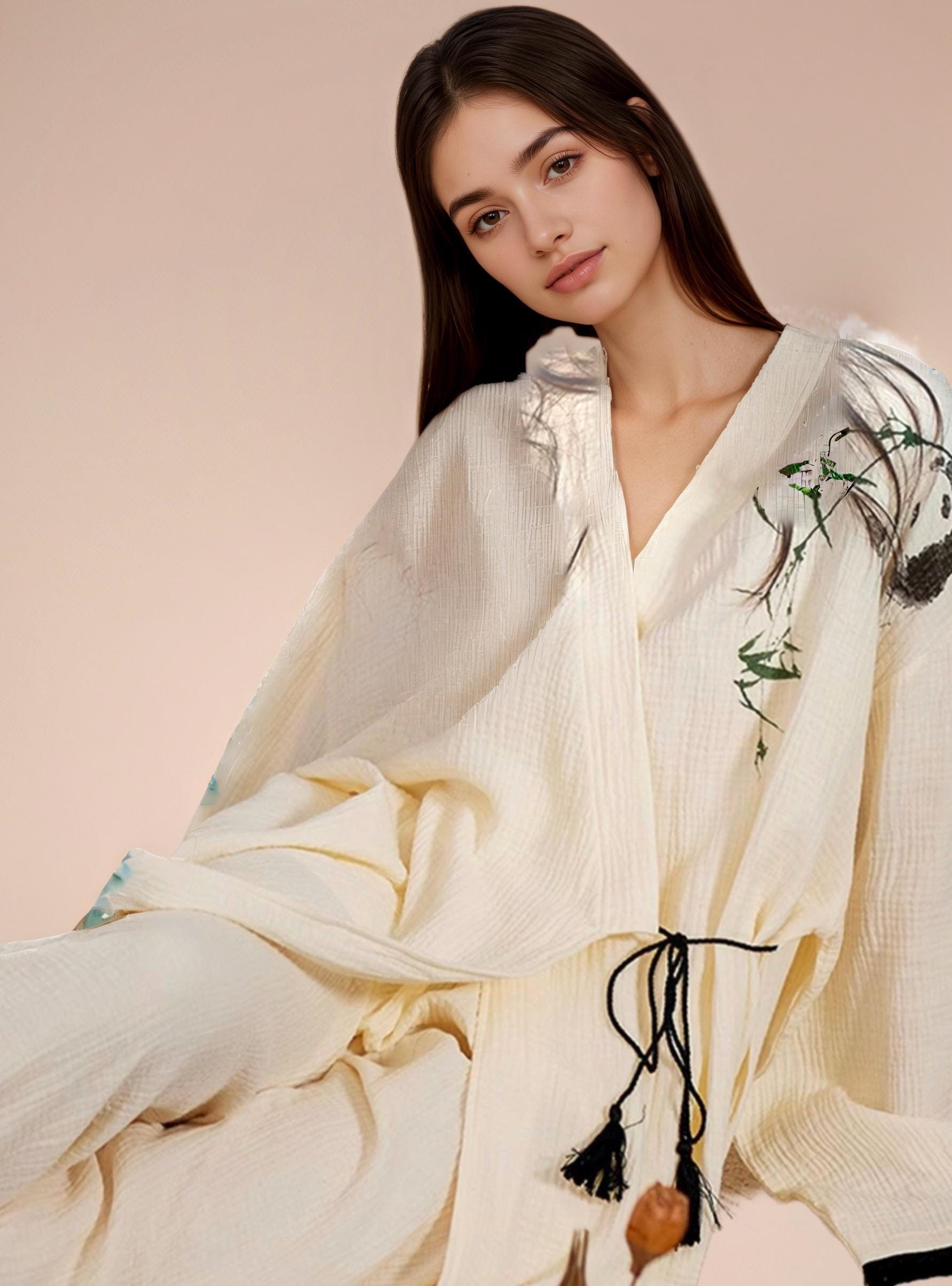 Bamboo Embroidered Gauze Cotton Pajama Set - Kimono Loungewear