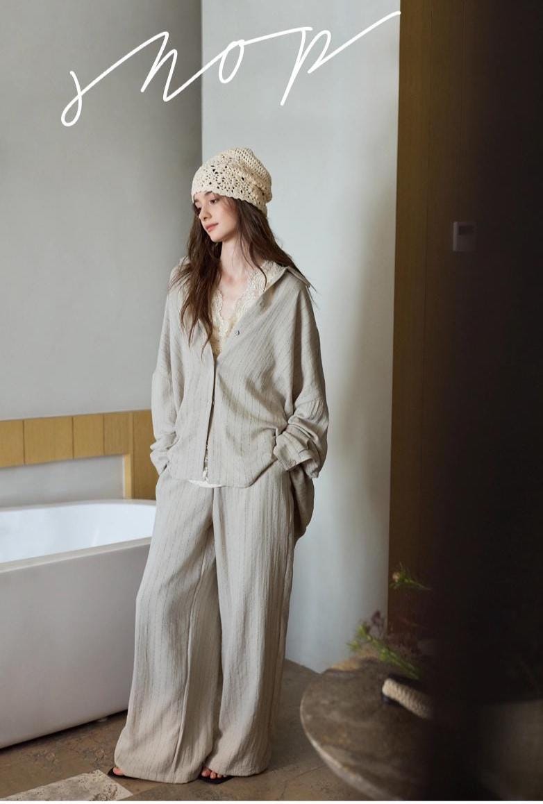 Beige Cotton Loungewear Set: Women's Button-Down Pajamas