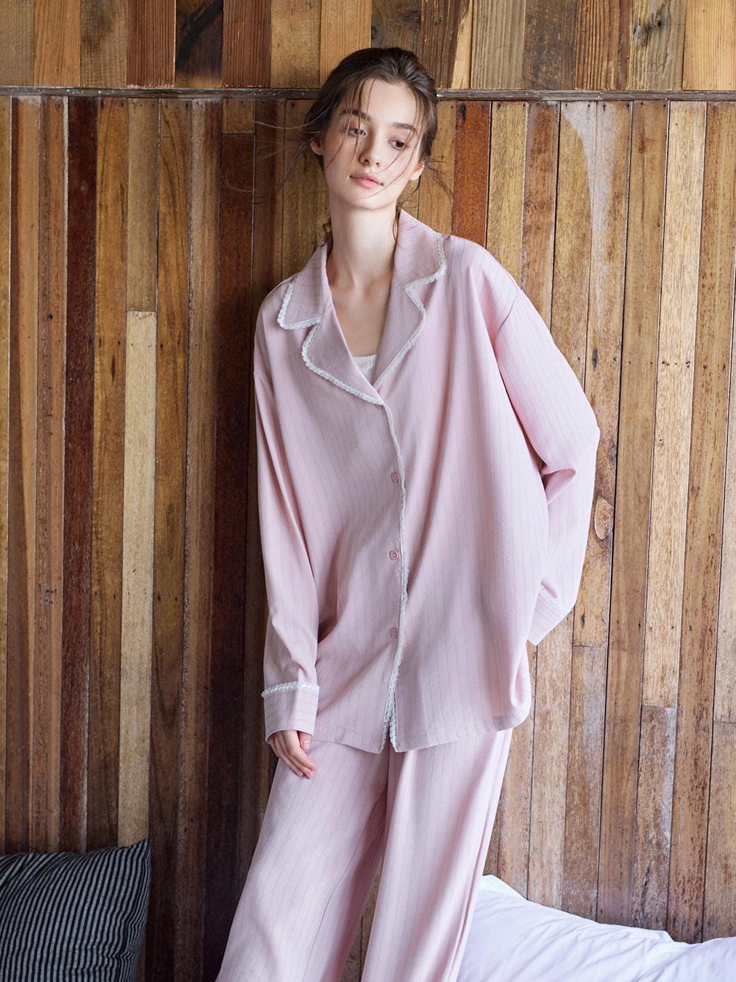 Pink Cotton Pajamas Set: Women's Lace Trim Lounge Sleepwear, Christmas Gift for Her