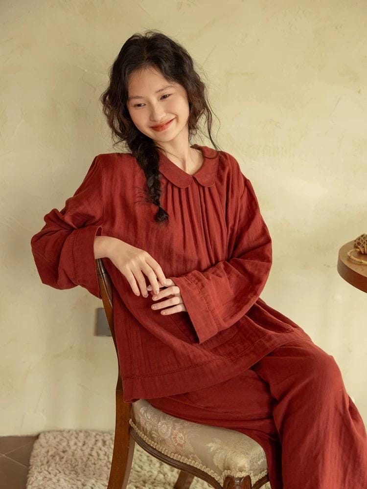 Organic Gauze Cotton Pajama Set: Muted Red Loungewear, Gift-Ready Christmas Pajamas