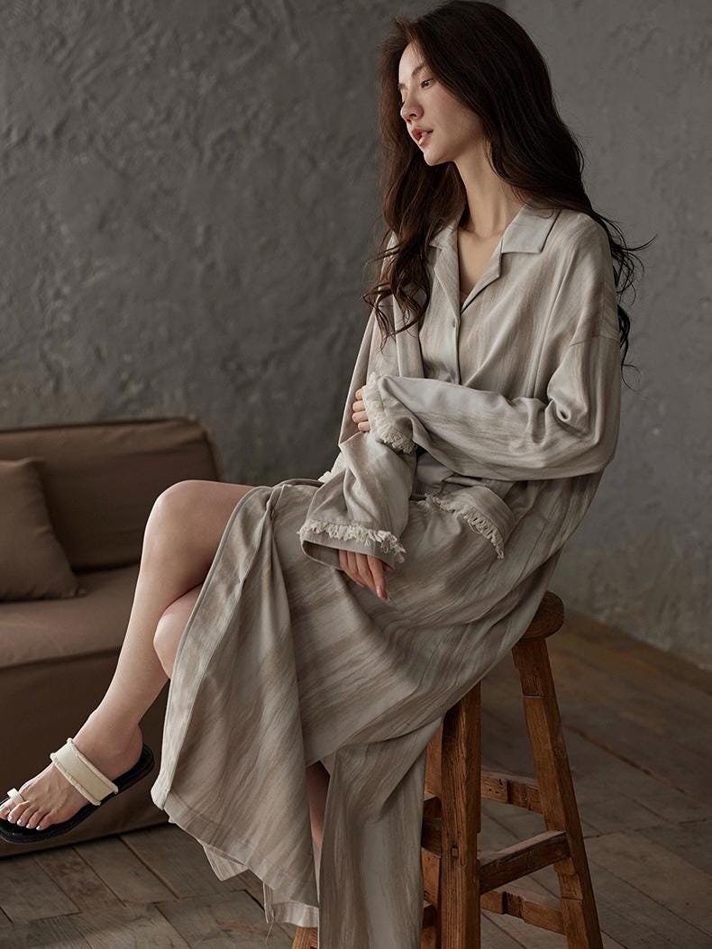 Neutral Long Robe Dress for Women | Soft Cotton Loungewear with Frayed Cuffs | Relaxed Homewear | Elegant Minimalist Gift