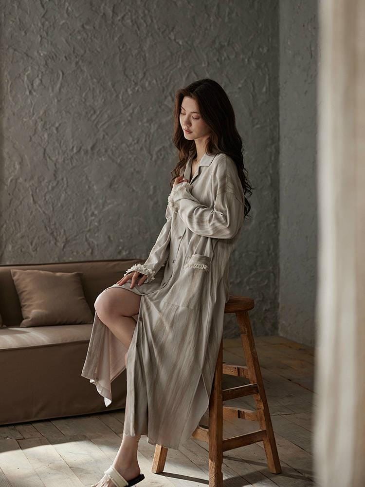 Neutral Long Robe Dress for Women | Soft Cotton Loungewear with Frayed Cuffs | Relaxed Homewear | Elegant Minimalist Gift