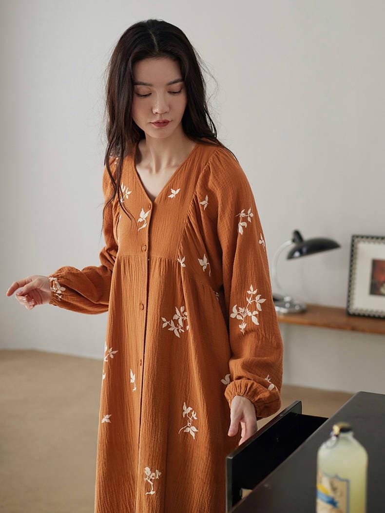 Muslin Cotton Pajama Dress or Top and Pants Set - Embroidered Loungewear Nightgown