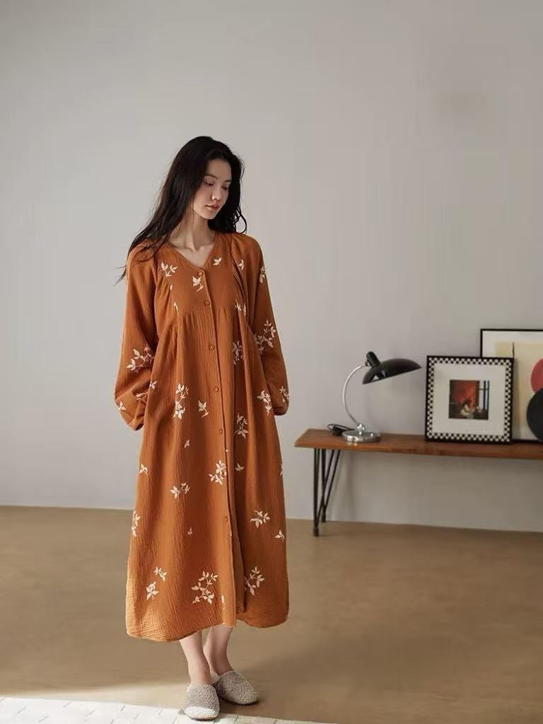 Muslin Cotton Pajama Dress or Top and Pants Set - Embroidered Loungewear Nightgown