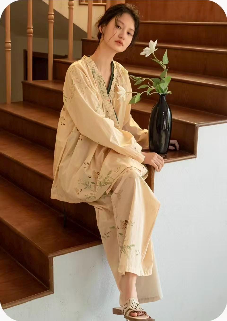 Embroidered Bamboo Cotton Robe: Lightweight Loungewear, Kimono Style Bathrobe