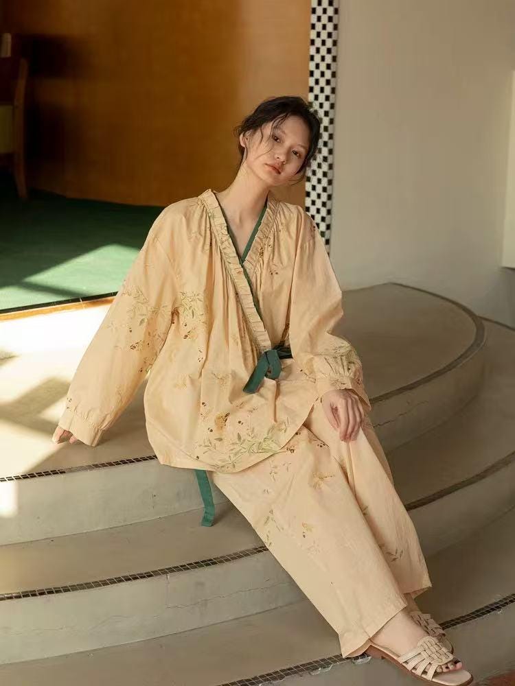 Embroidered Bamboo Cotton Robe: Lightweight Loungewear, Kimono Style Bathrobe