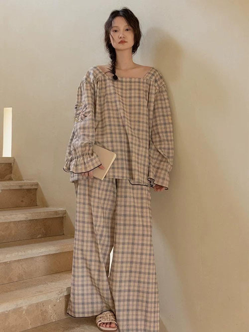 Bamboo Cotton Pajama Set for Women | Embroidered Loungewear | Soft Plaid Sleepwear with Pockets