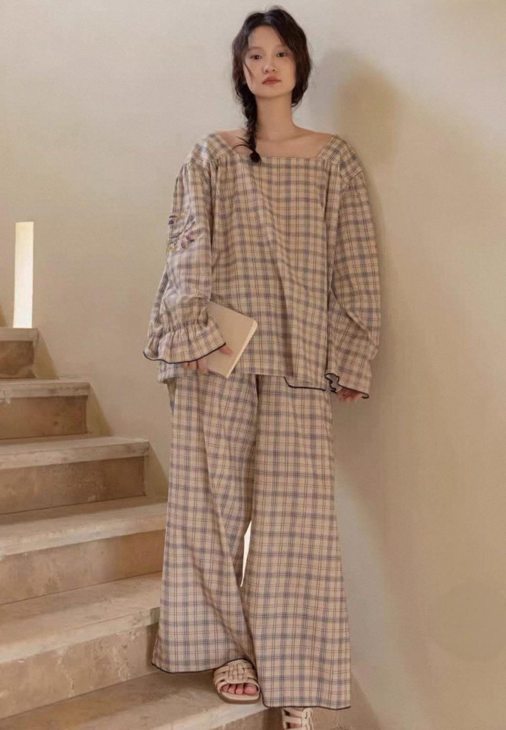 Bamboo Cotton Pajama Set for Women | Embroidered Loungewear | Soft Plaid Sleepwear with Pockets