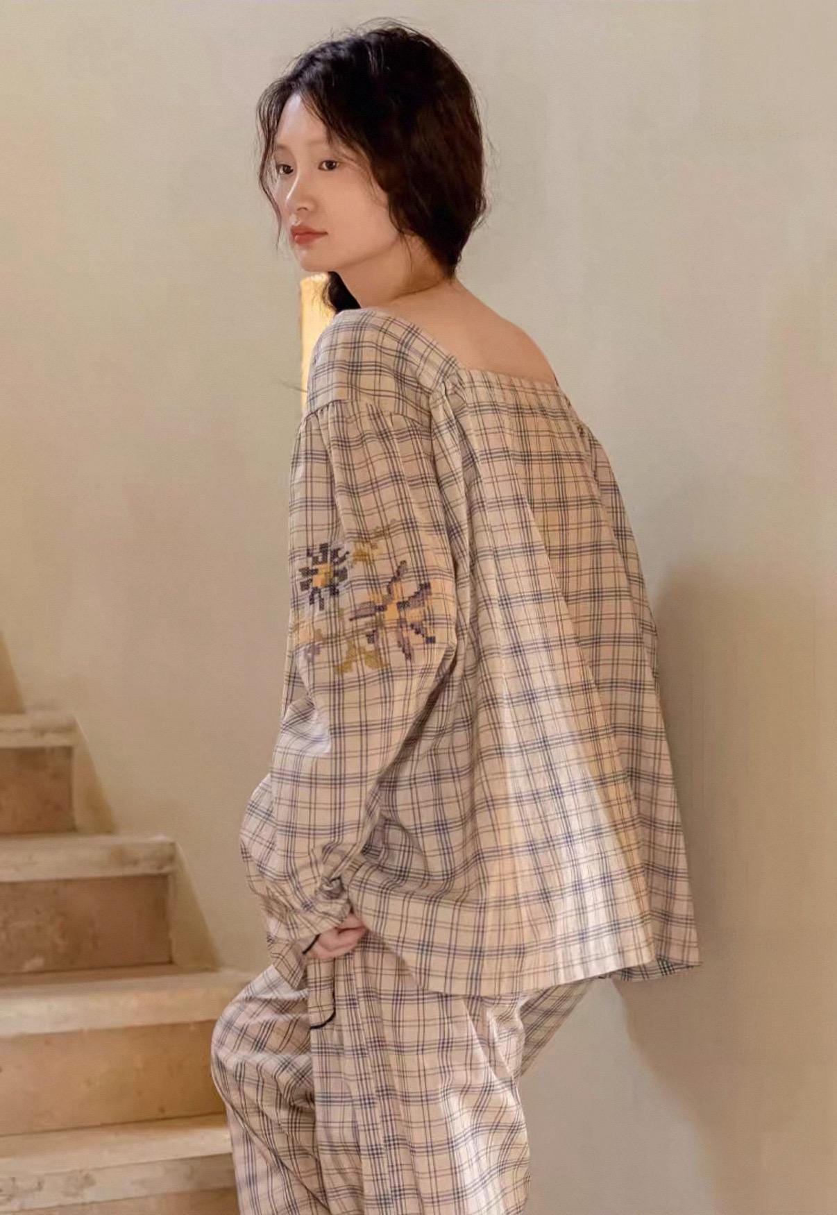 Bamboo Cotton Pajama Set for Women | Embroidered Loungewear | Soft Plaid Sleepwear with Pockets