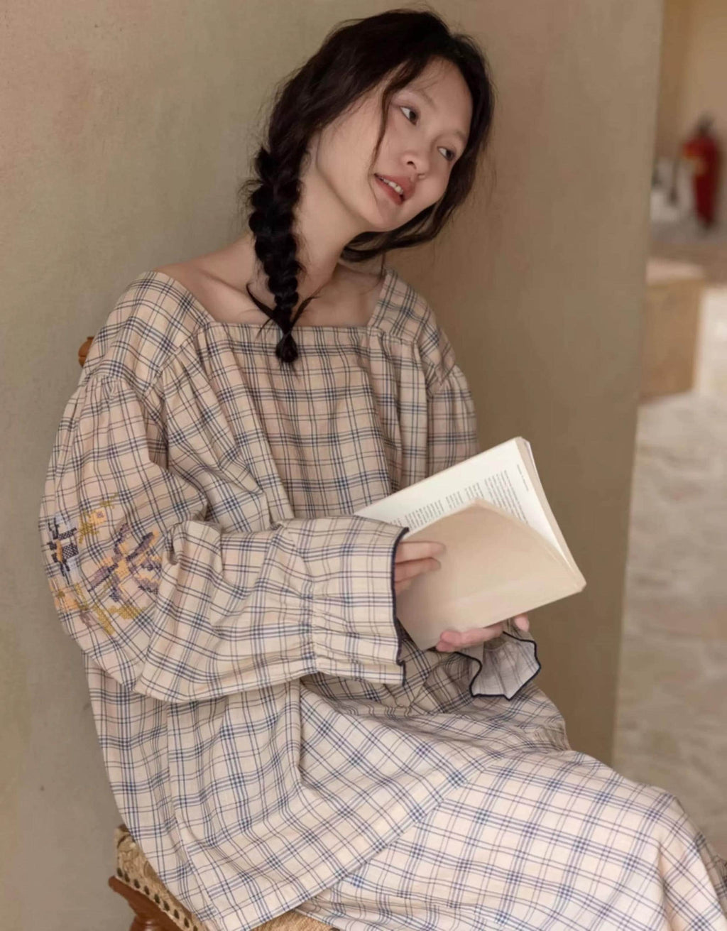 Bamboo Cotton Pajama Set for Women | Embroidered Loungewear | Soft Plaid Sleepwear with Pockets