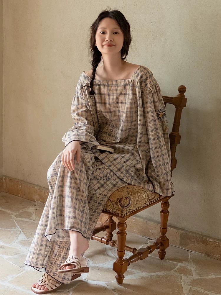 Bamboo Cotton Pajama Set for Women | Embroidered Loungewear | Soft Plaid Sleepwear with Pockets