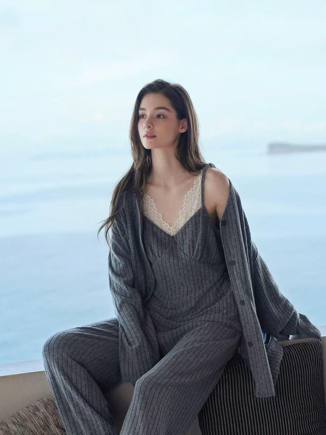 Ribbed Knit Lounge Set: Heather Grey Lace Camisole Cardigan & Pants