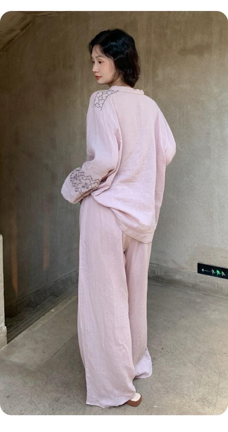 Muslin Cotton Pajama Set | Embroidered Sleeve, Gauze Loungewear